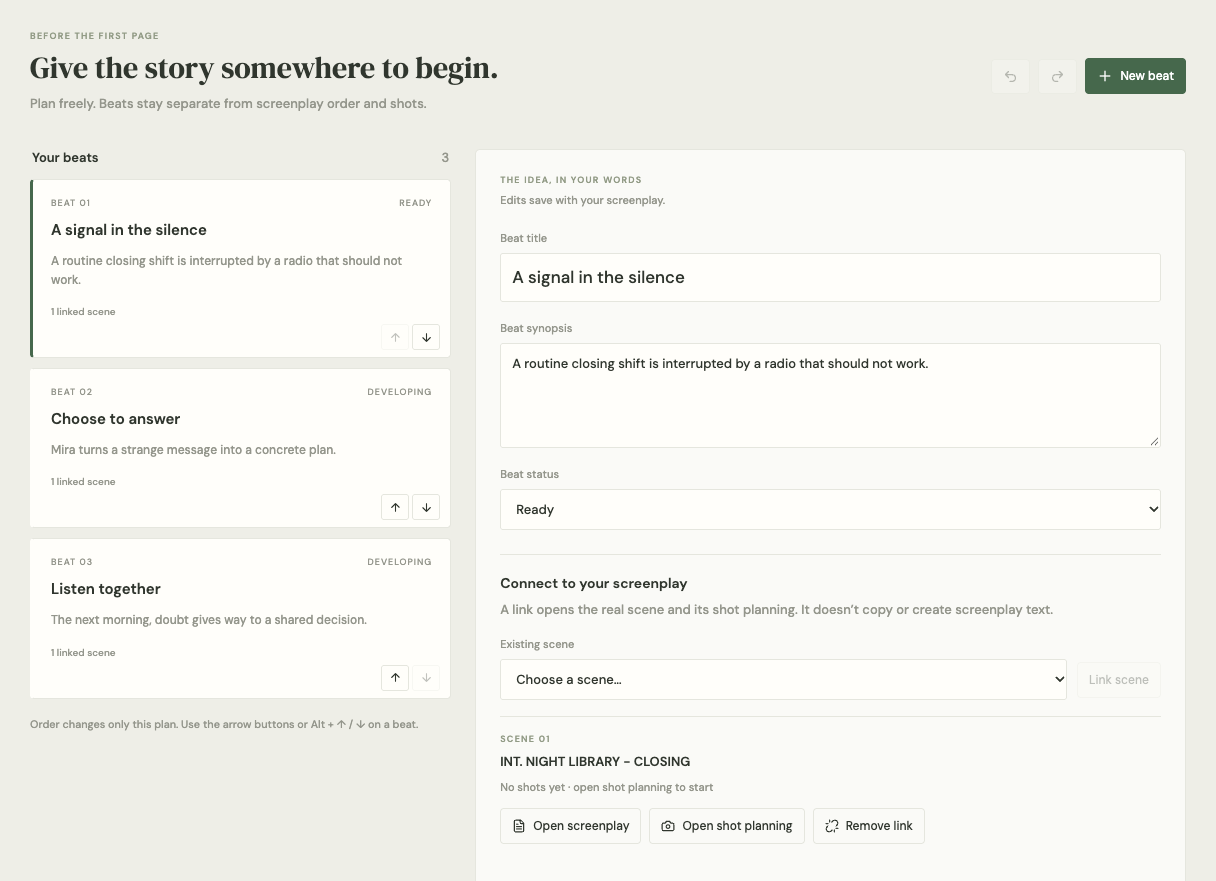 Actual Page & Frame Story workspace showing three original story beats, synopsis, status and links to screenplay scenes.