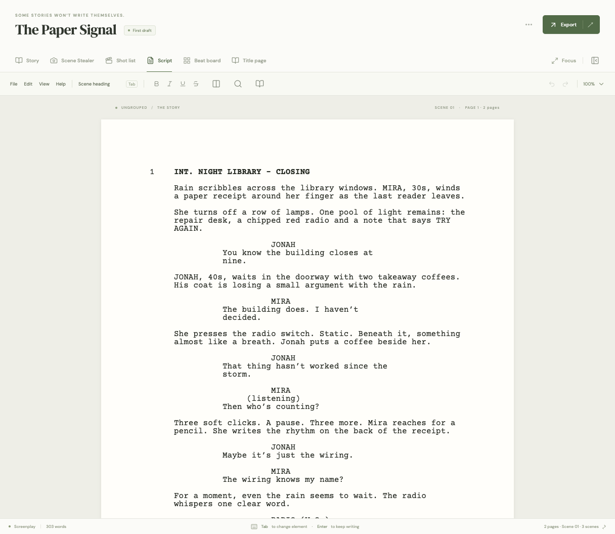 Actual Page & Frame screenplay editor showing the original fictional Paper Signal script, formatted dialogue, scene heading and element toolbar.